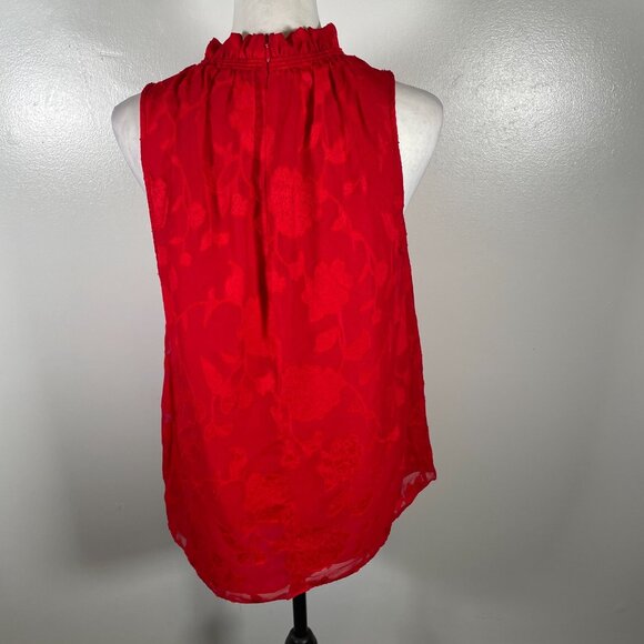 Michael Kors Blouse Top Womens Large Red Embossed Floral Shirred Neck Sleeveless - Picture 9 of 15